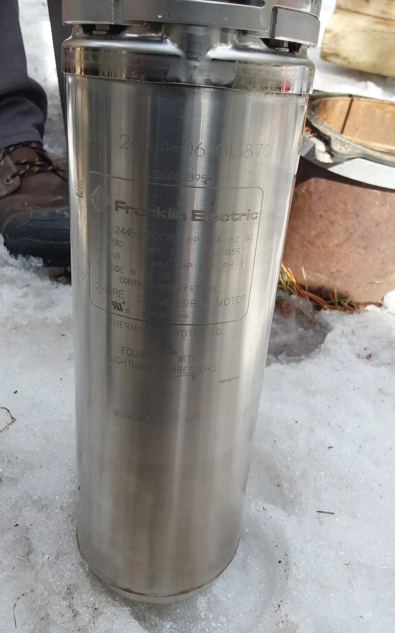 New Franklin Electric 3/4 HP submersible well pump before installation in Tabernash, Colorado